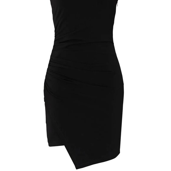 Cinq a Sept Coral Dress Ruched Asymmetrical Mini Black stretch ponte dress  6 - Picture 4 of 8